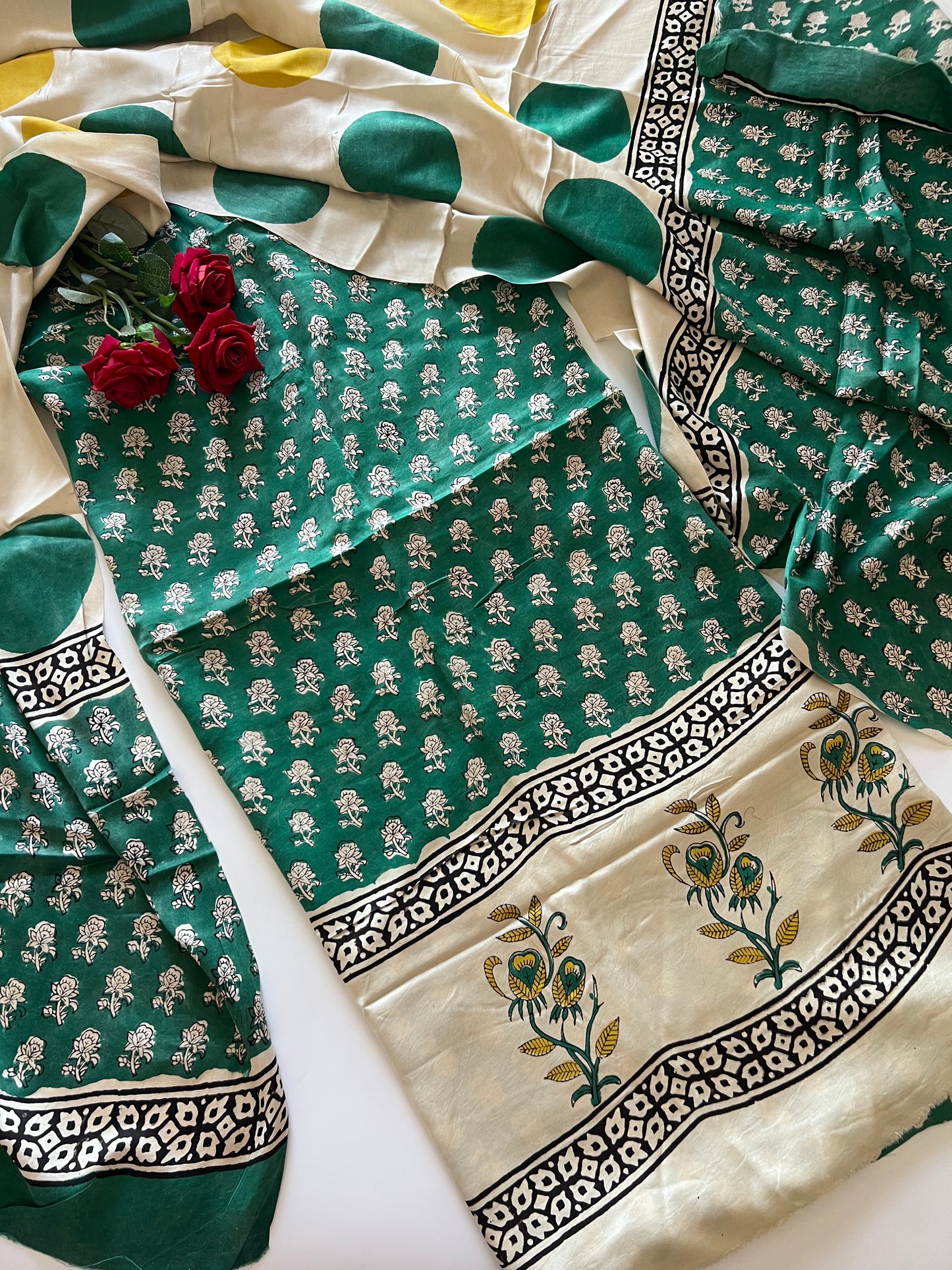 Green Original Handblock Ajrakh print on Modal fabric Unstitched suit set