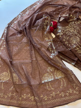 Brown Mul Chanderi dress material with mukaish -Flamingo