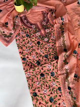 Peach Chanderi knot embroidery Unstitched suit material