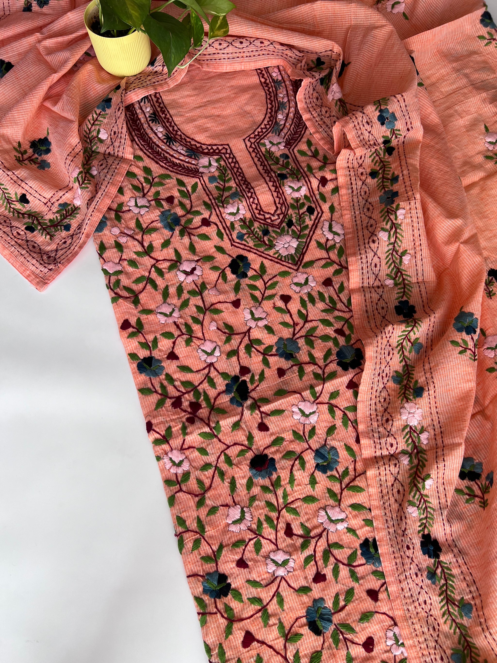 Peach Chanderi knot embroidery Unstitched suit material