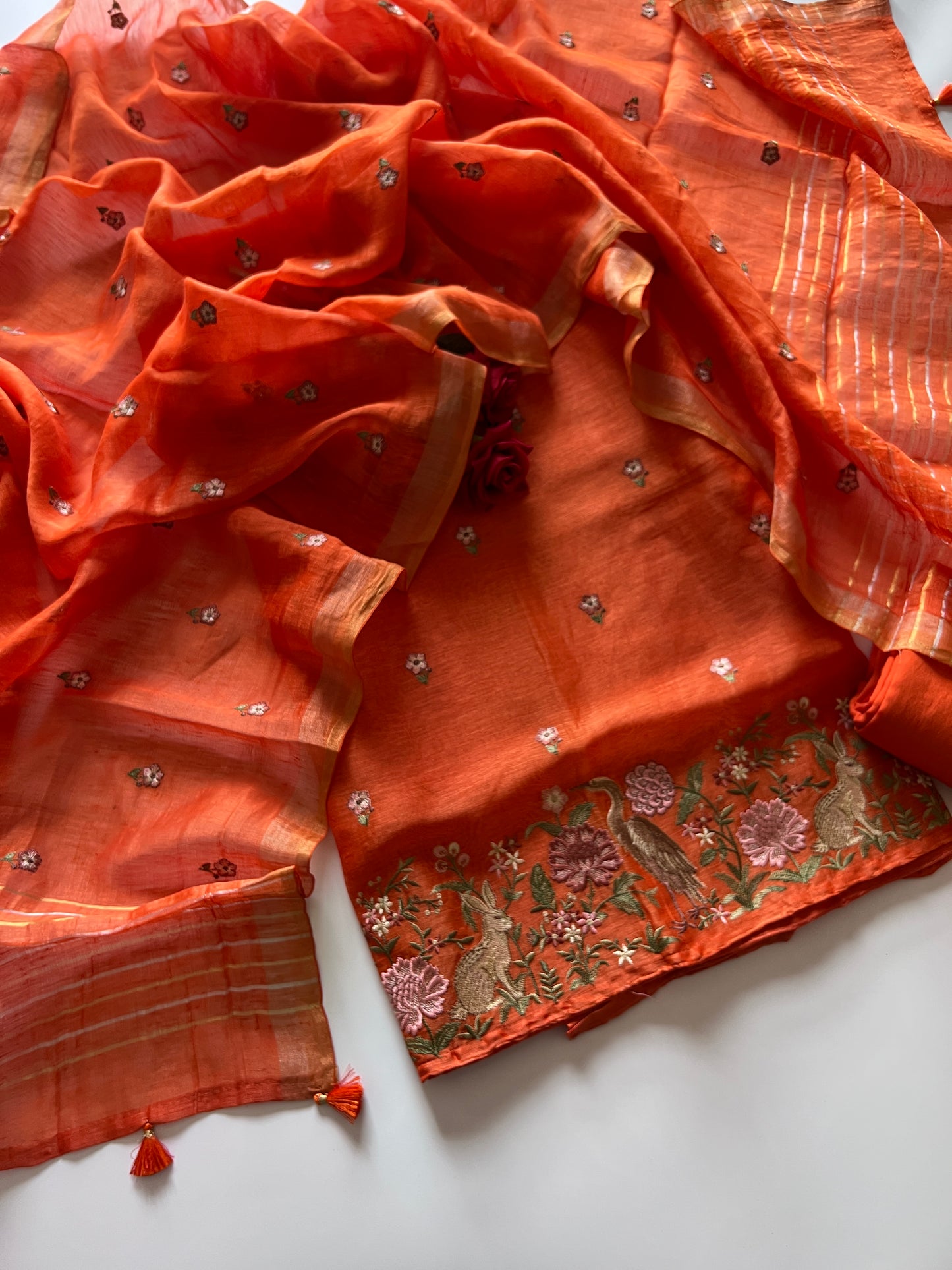 Orange Pure Silk Linen embroidered premium unstitched dress material