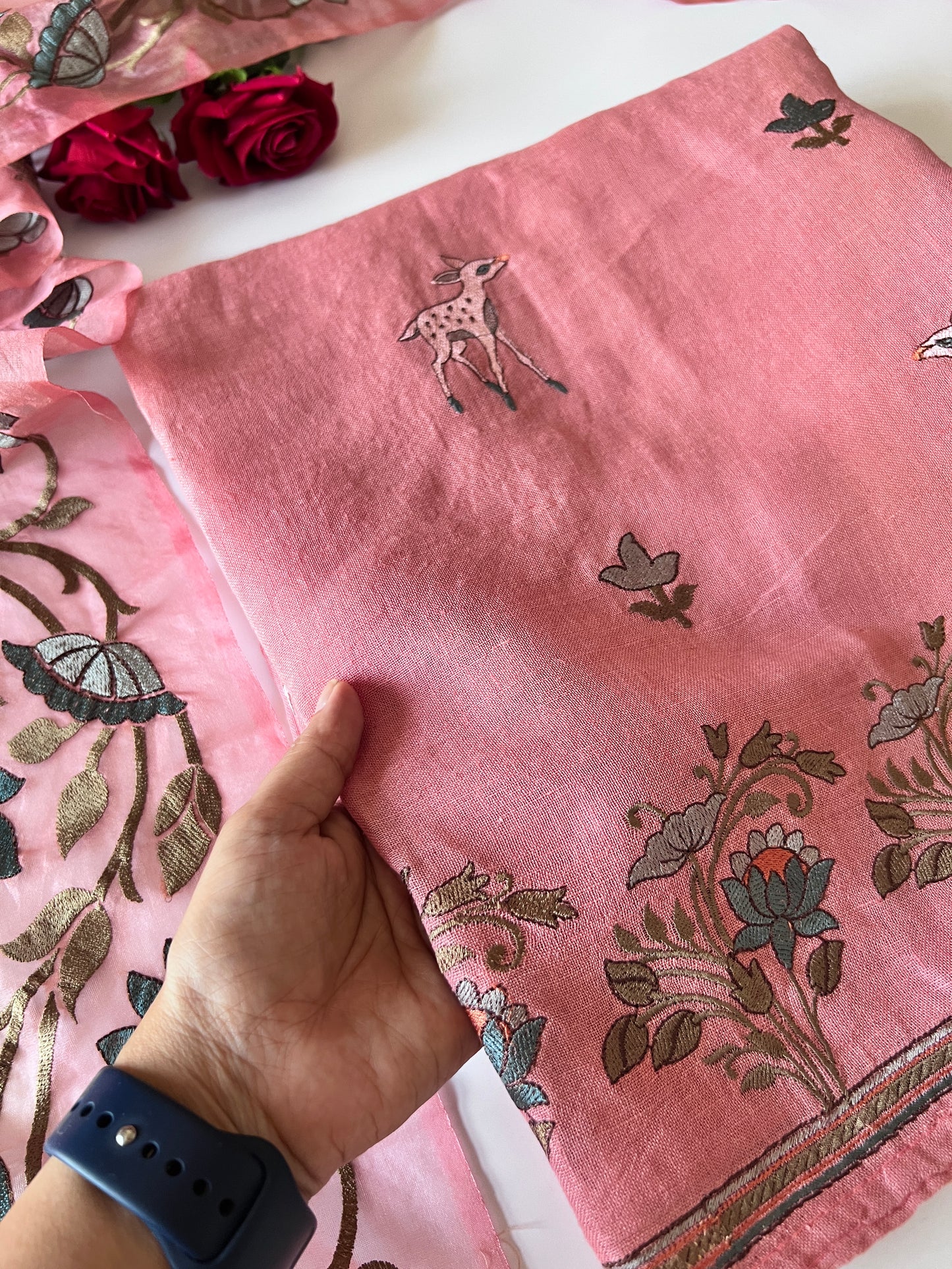Pure linen Shikargah embroidered unstitched suit.