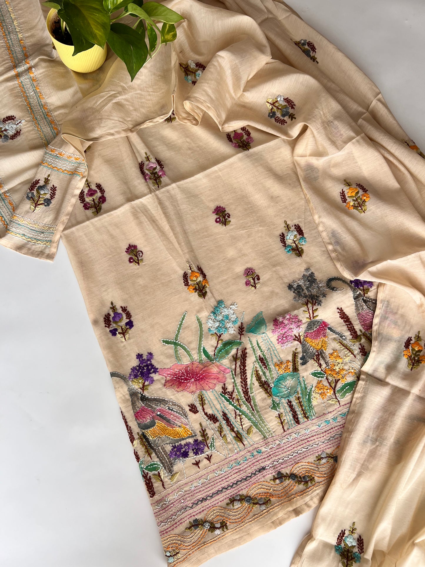 Cream bullion knot embroidery and paint Unstitched suit material