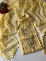 Pastel Yellow Mul Chanderi dress material with pitta and mukaish work