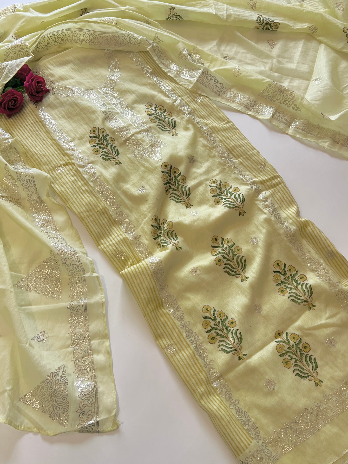 Block print and pitta work on Mul Chanderi dunstitched Suit set