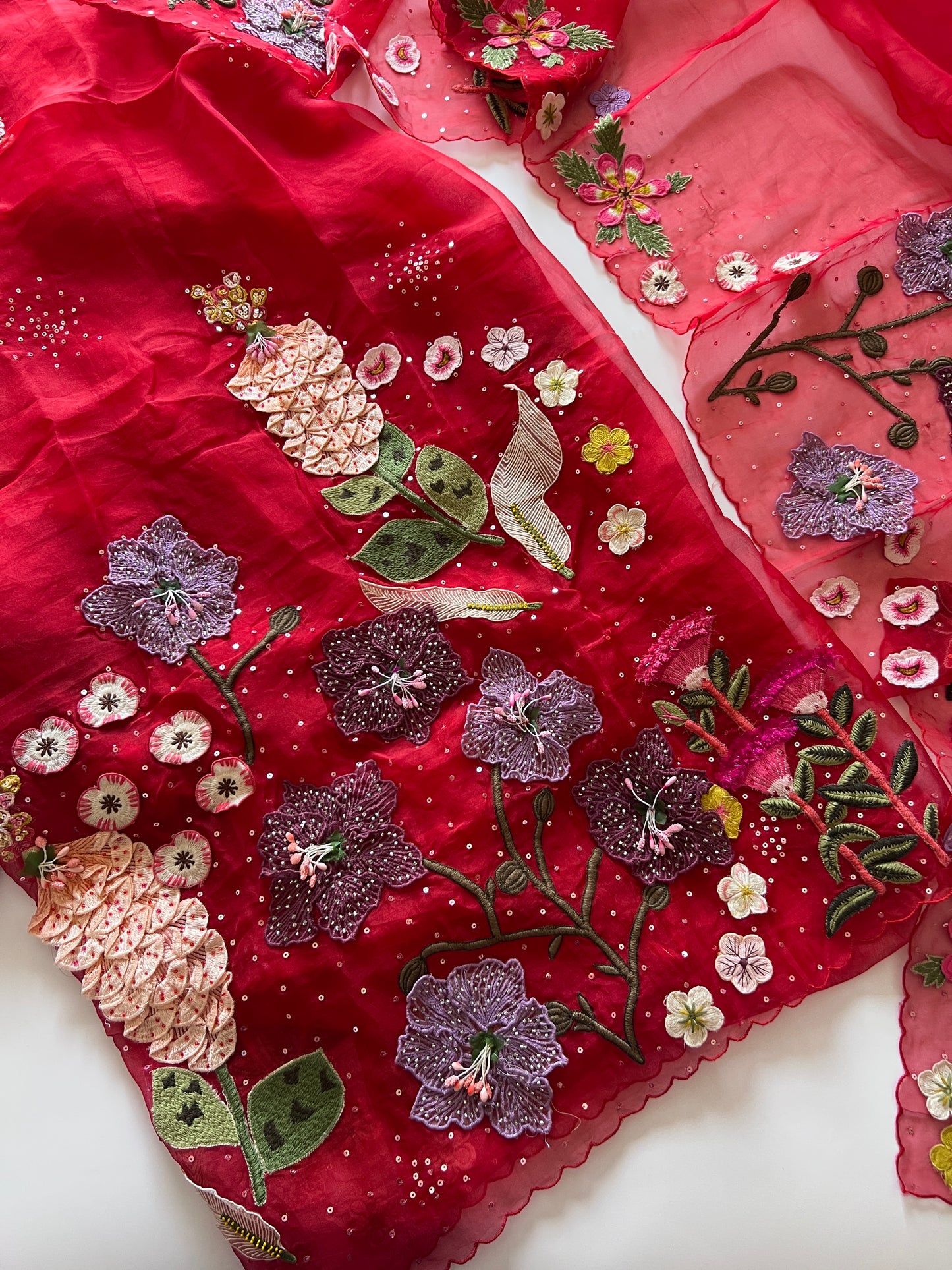Red Fairy tale Embroidery on Organza premium unstitched dress material with 3D floral work
