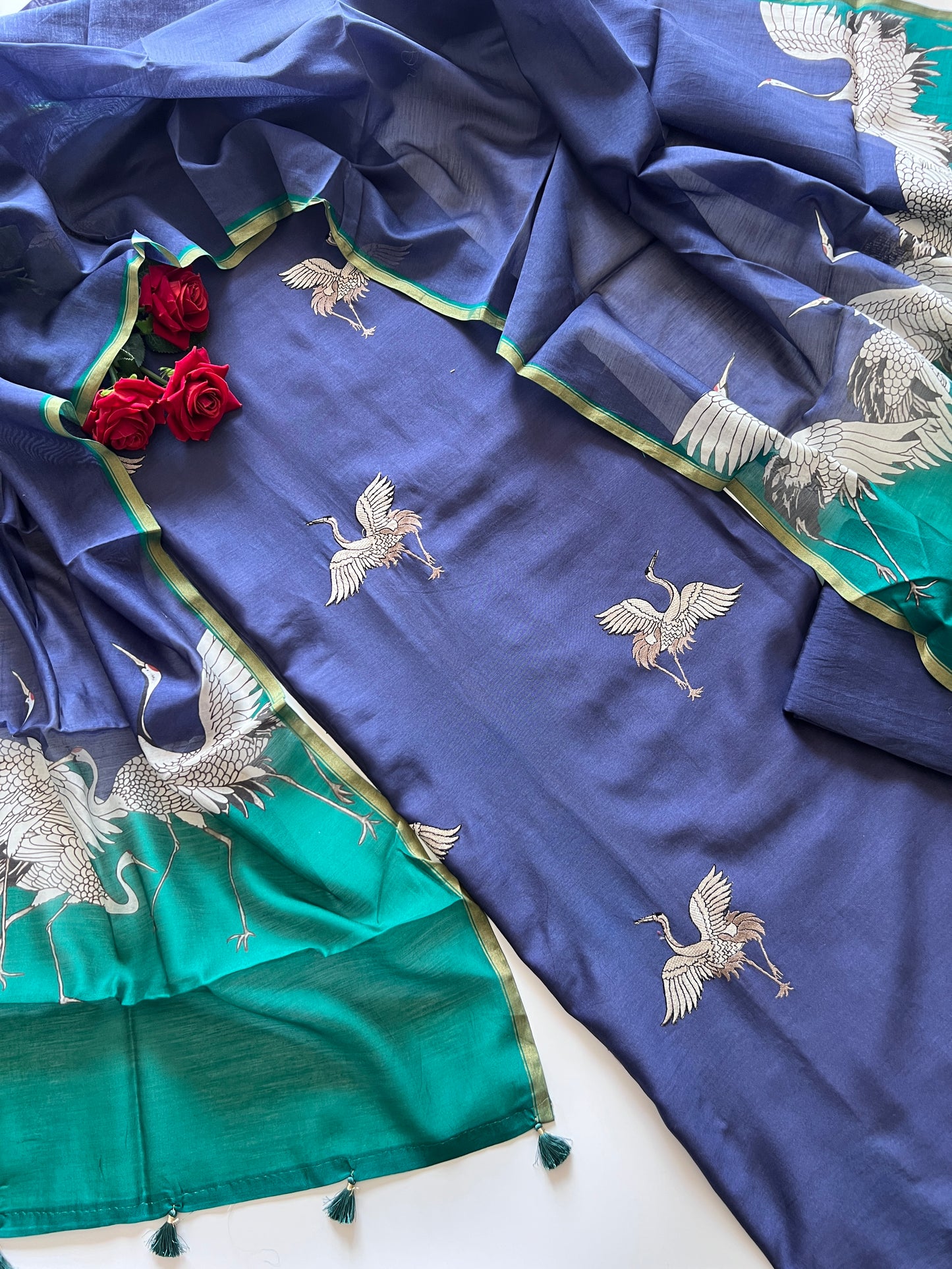 Pure Blue Green soft Chanderi flamingo embroidered Unstitched Dress material