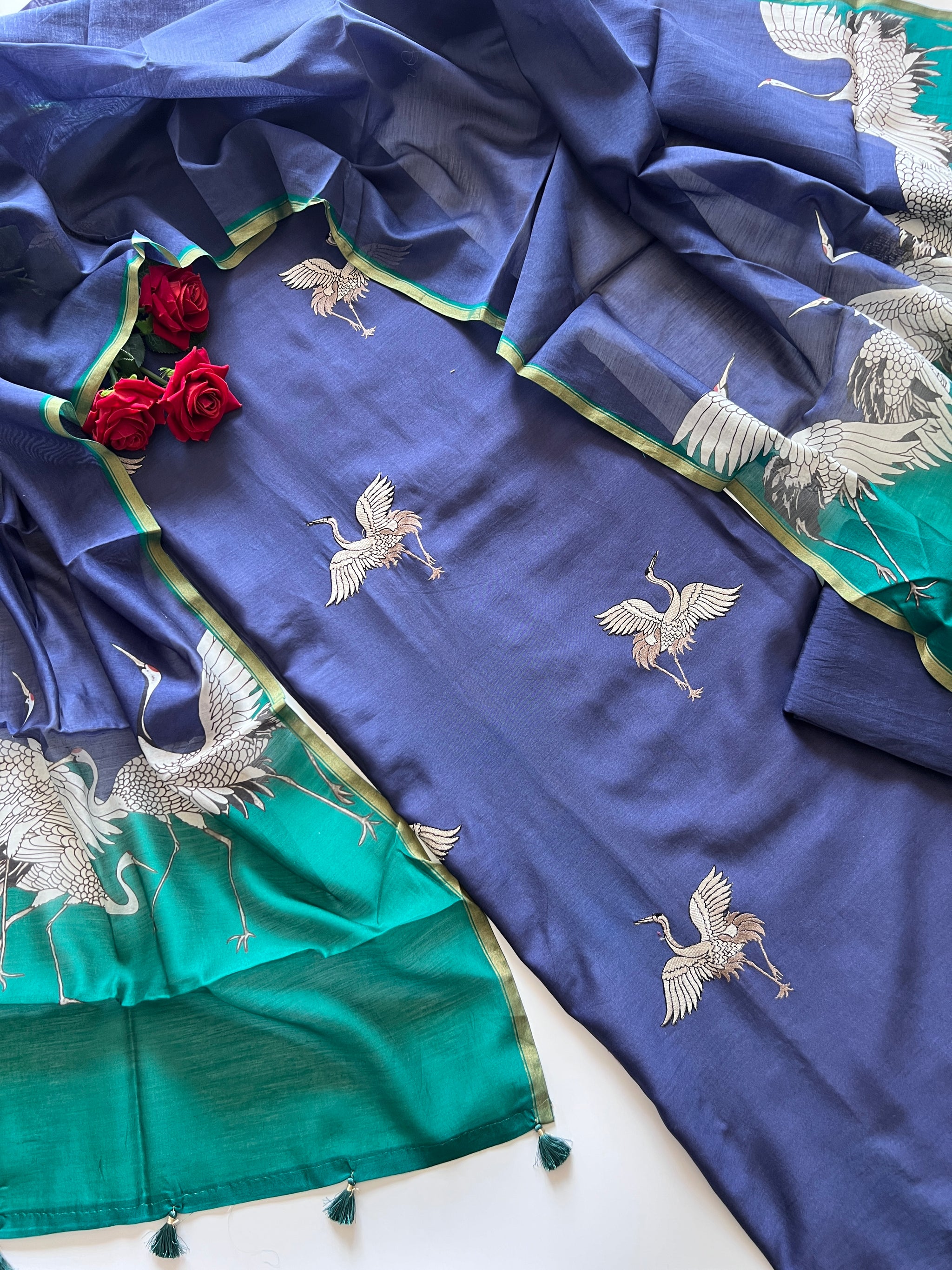 Pure Blue Green soft Chanderi flamingo embroidered Unstitched Dress material