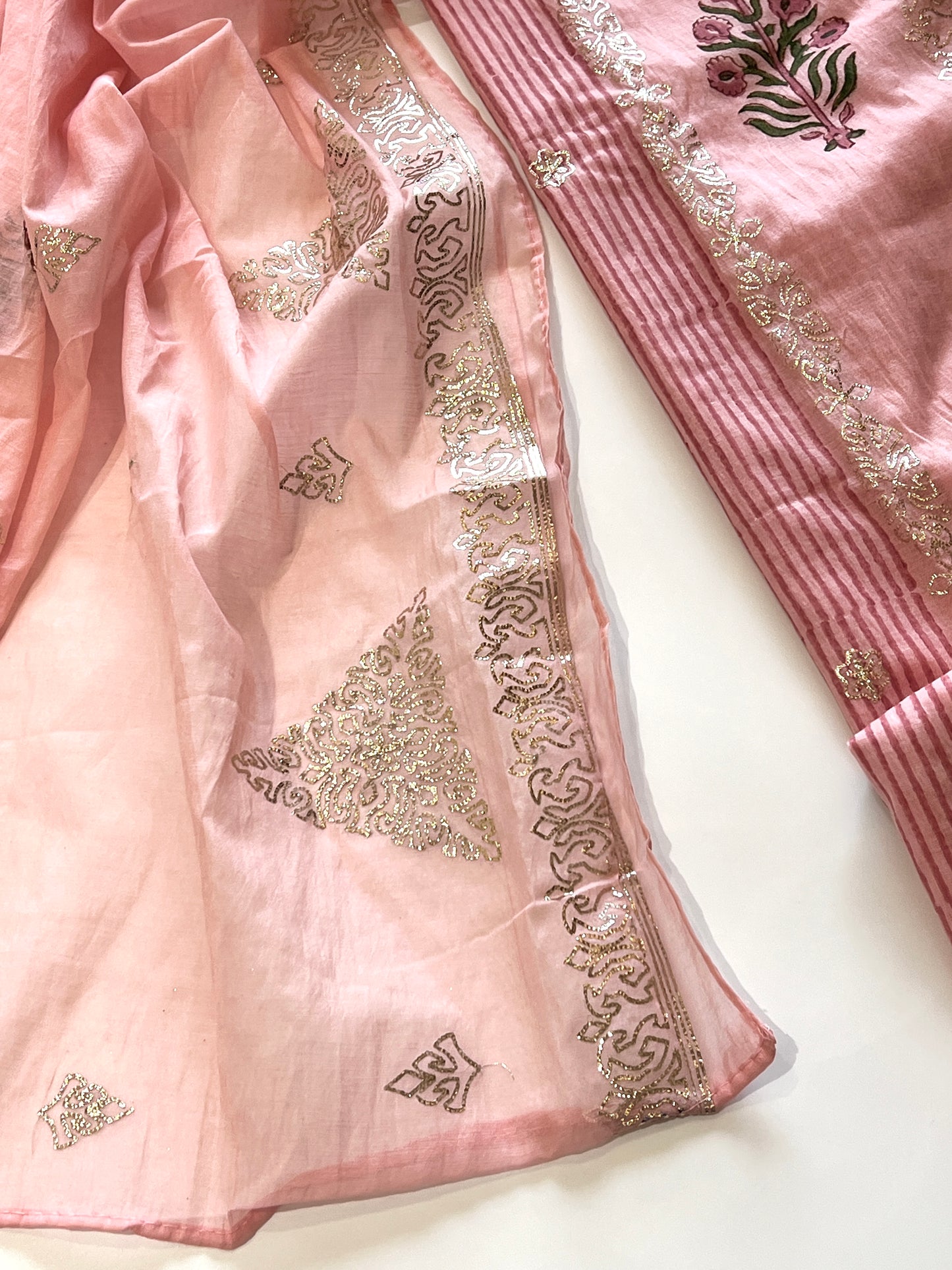 Block print and pitta work on Mul Chanderi dunstitched Suit set