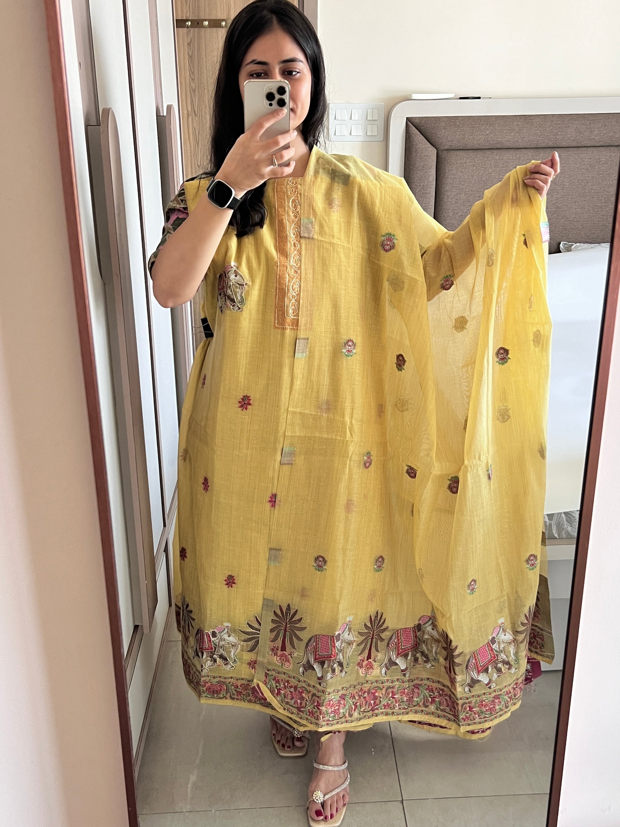 Yellow Cotton Jamdani work dress material unstitched Suit set