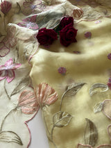 Floral Embroidery on Pure Silk Organza premium unstitched dress material in Pastel Yellow