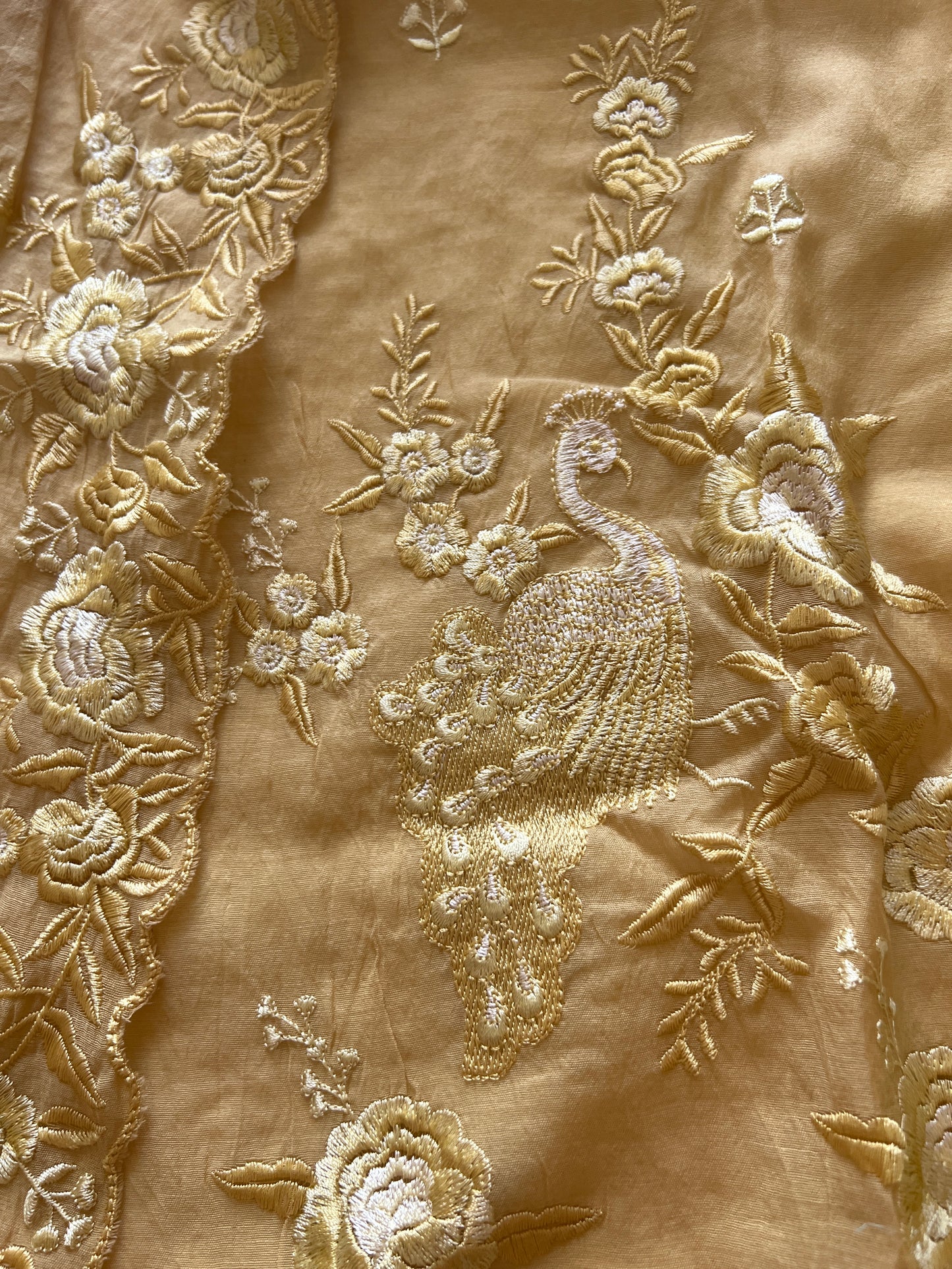 Yellow Mul Chanderi Thread embroidered Unstitched Suit