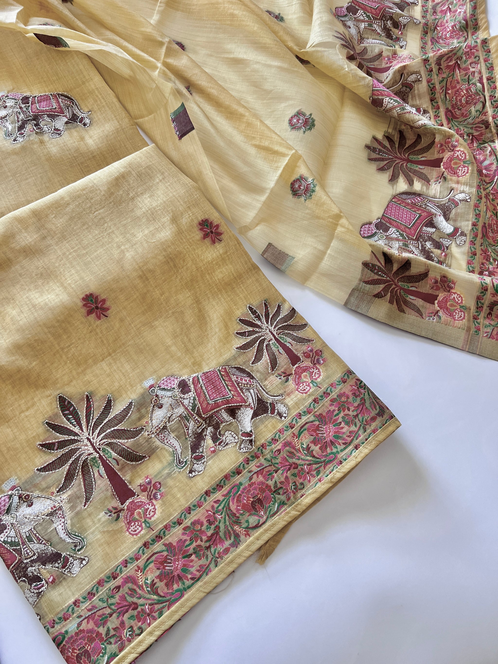 Yellow Cotton Jamdani work dress material unstitched Suit set