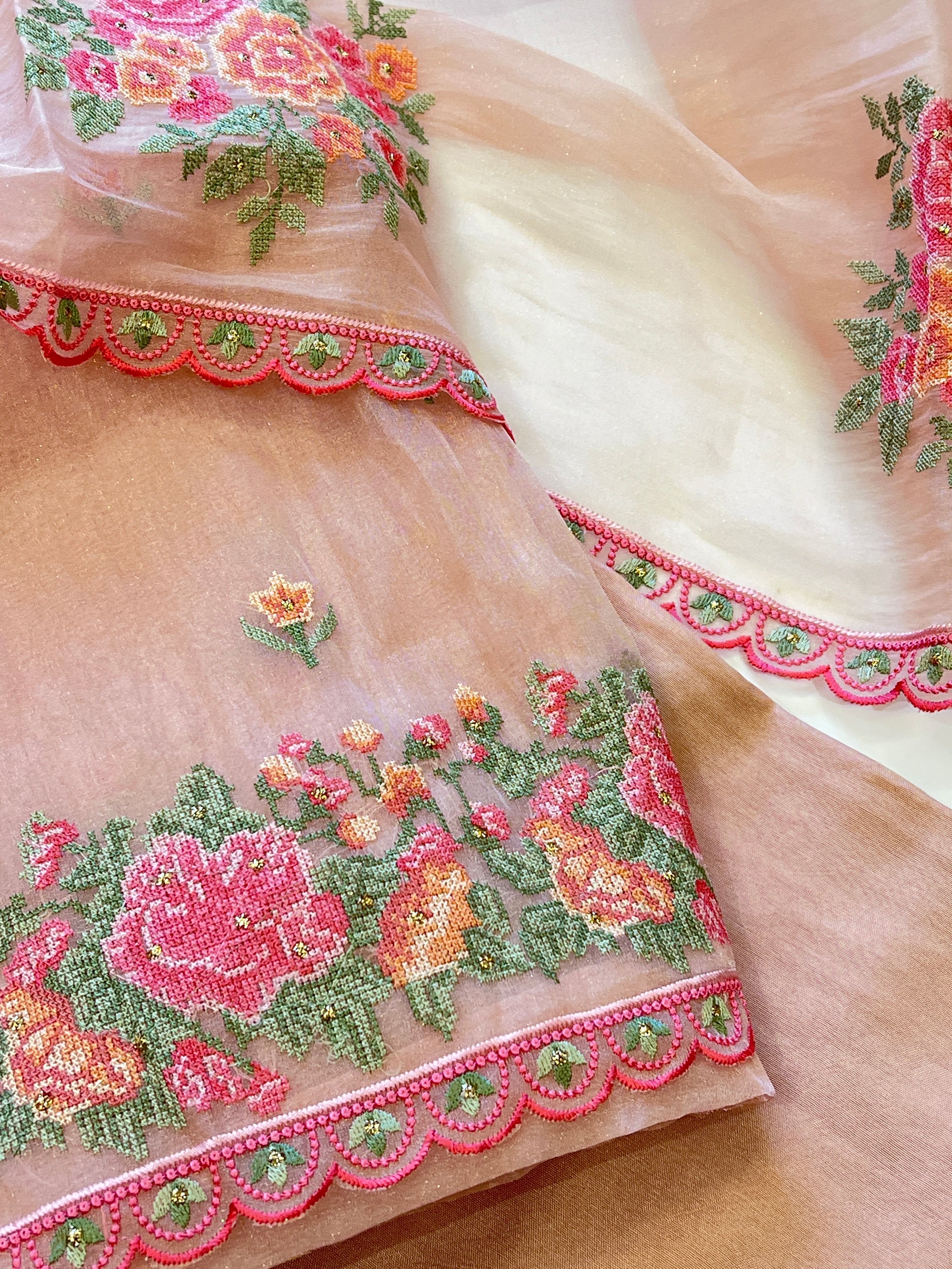 Peach Glass tissue with floral cross stitch embroidery dress material