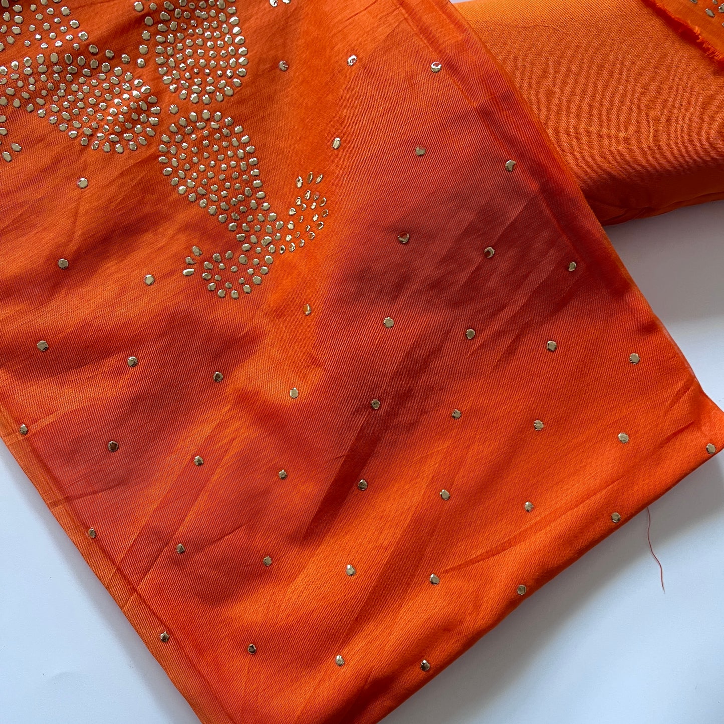 Orange Mul Chanderi dress material with mukaish -Paisley