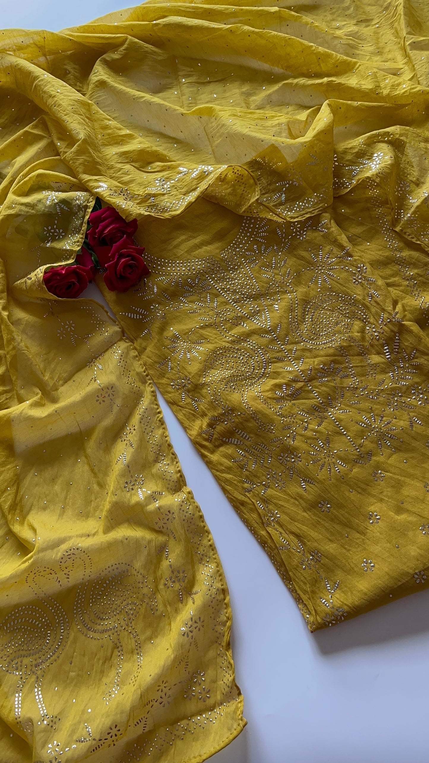 Mul Chanderi dress material with mukaish -Flamingo