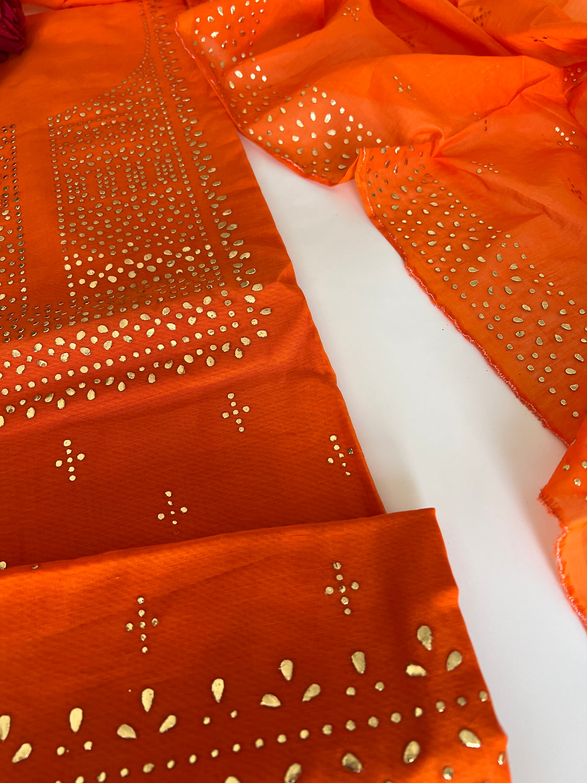 Orange Mul Chanderi dress material with mukaish geometric