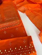 Orange Mul Chanderi dress material with mukaish geometric