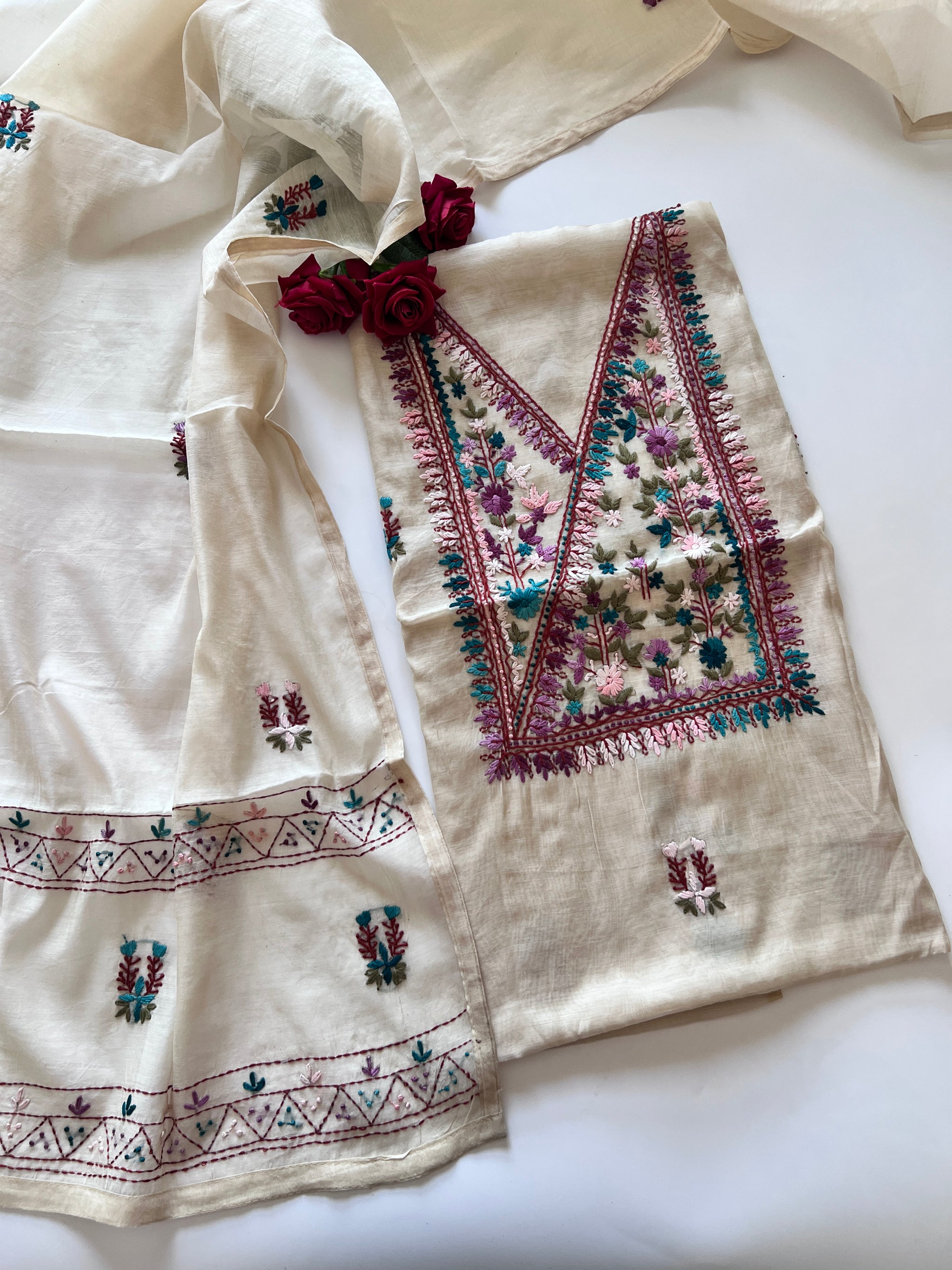 2 pc Cream Knot embroidery Unstitched suit material