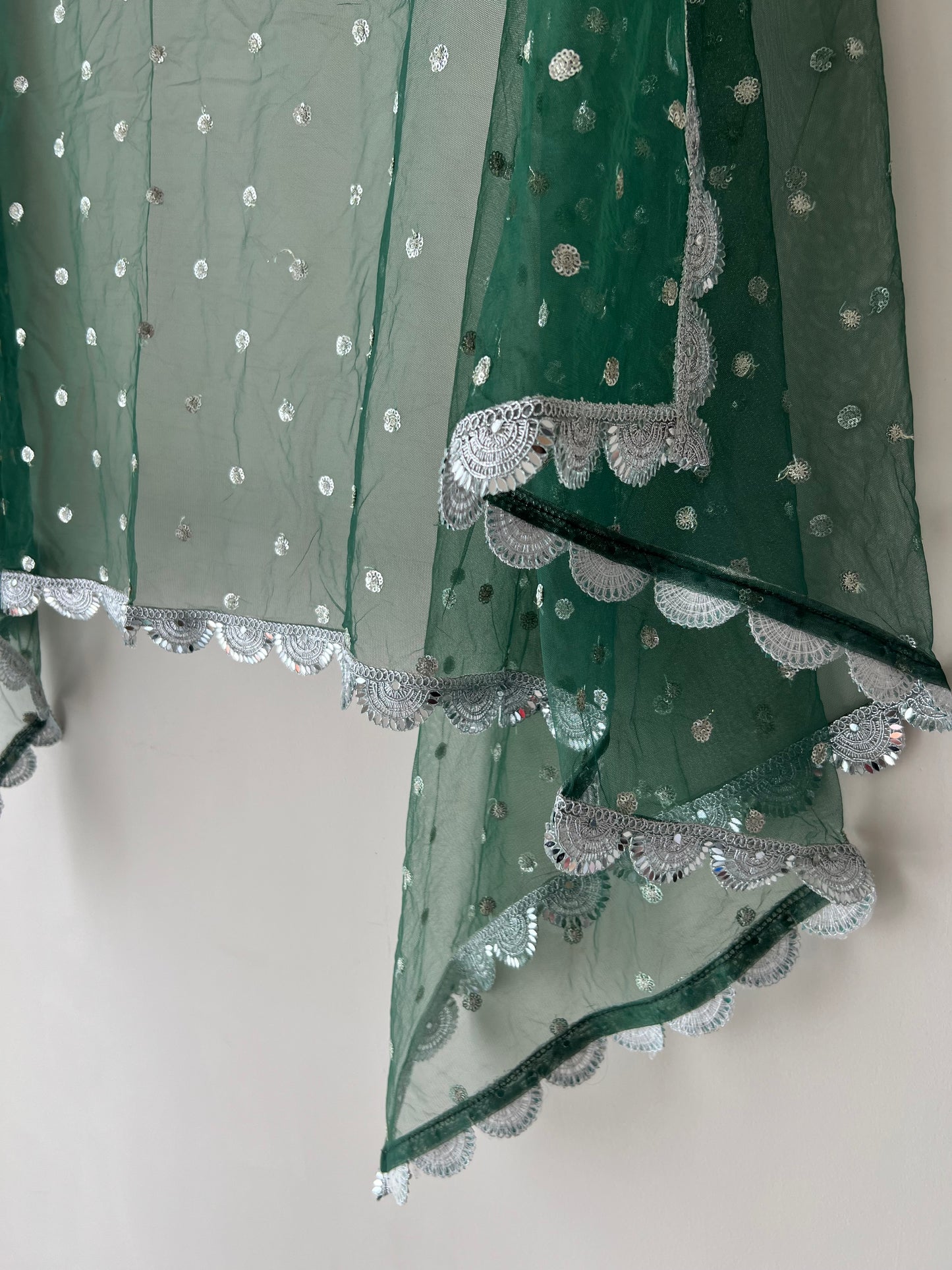Green Net dupatta with scallop Silver border