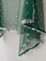 Green Net dupatta with scallop Silver border