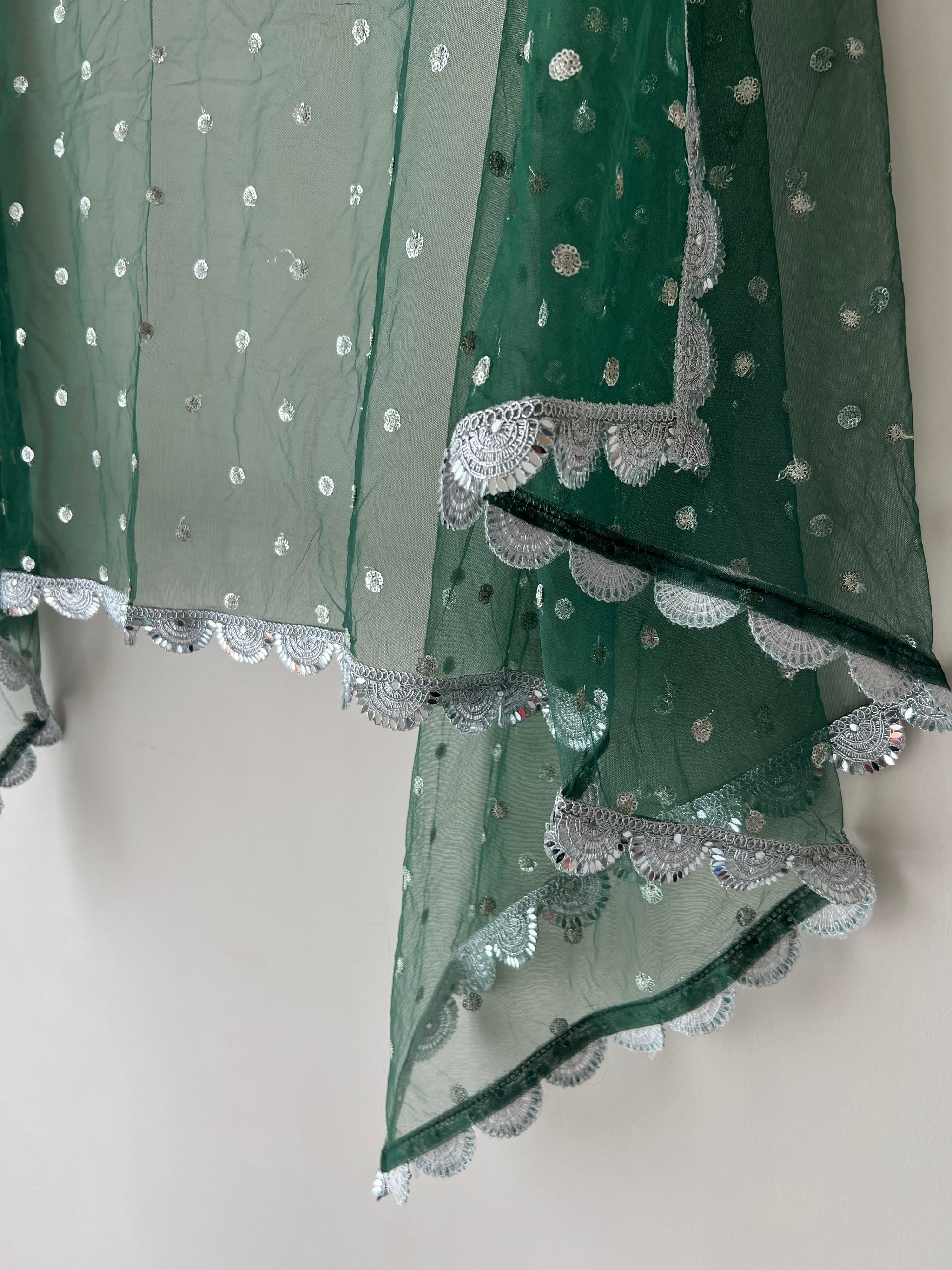 Green Net dupatta with scallop Silver border