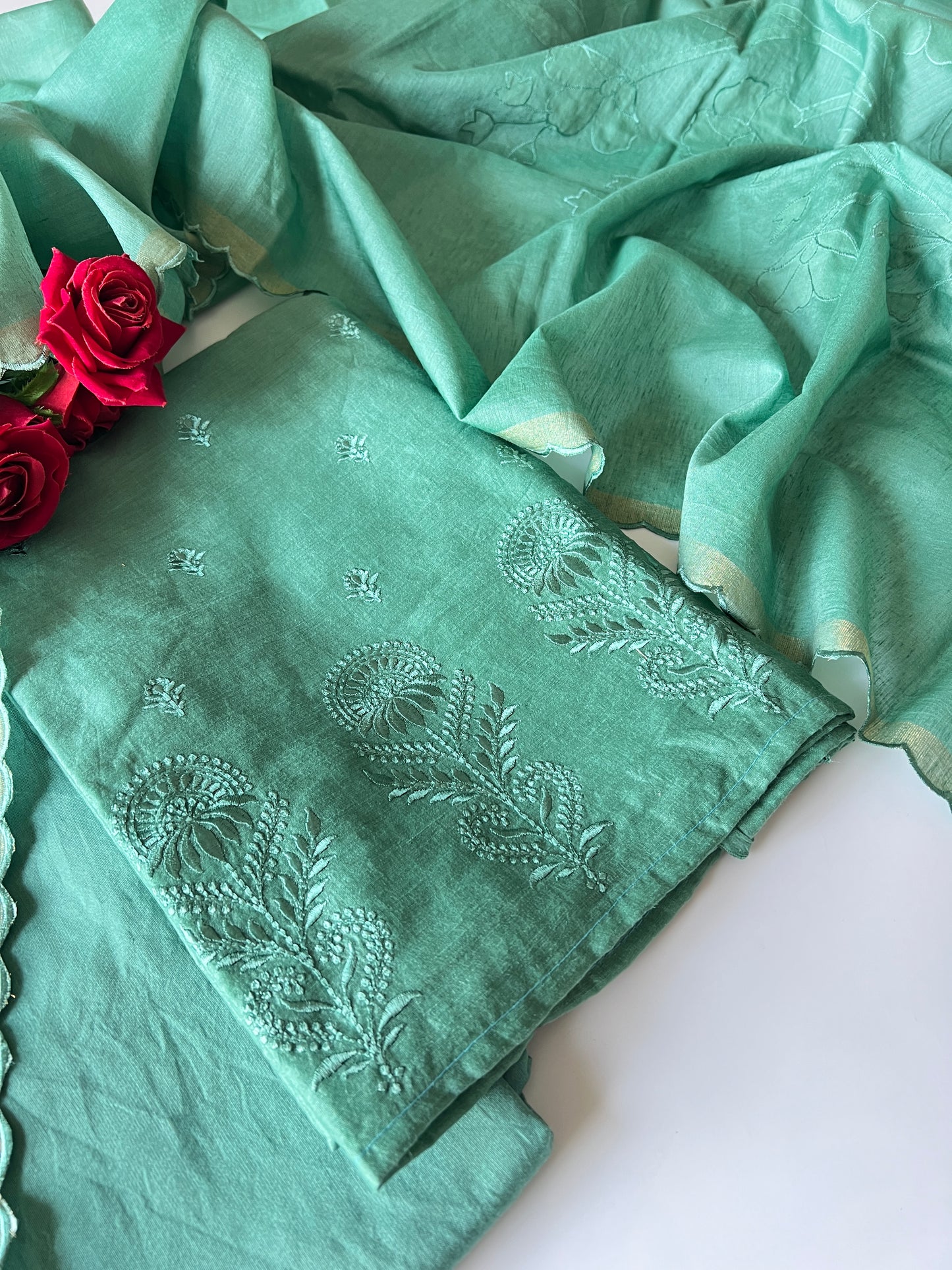 Green Pure Chanderi patchwork Embroidery scallop unstitched suit