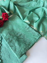 Green Pure Chanderi patchwork Embroidery scallop unstitched suit