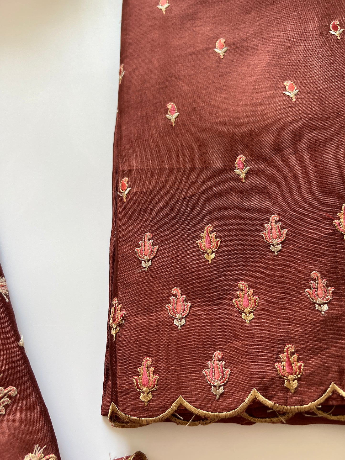 Brown Raw Mango handloom embroidered unstitched suit.