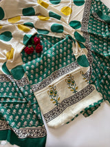 Green Original Handblock Ajrakh print on Modal fabric Unstitched suit set