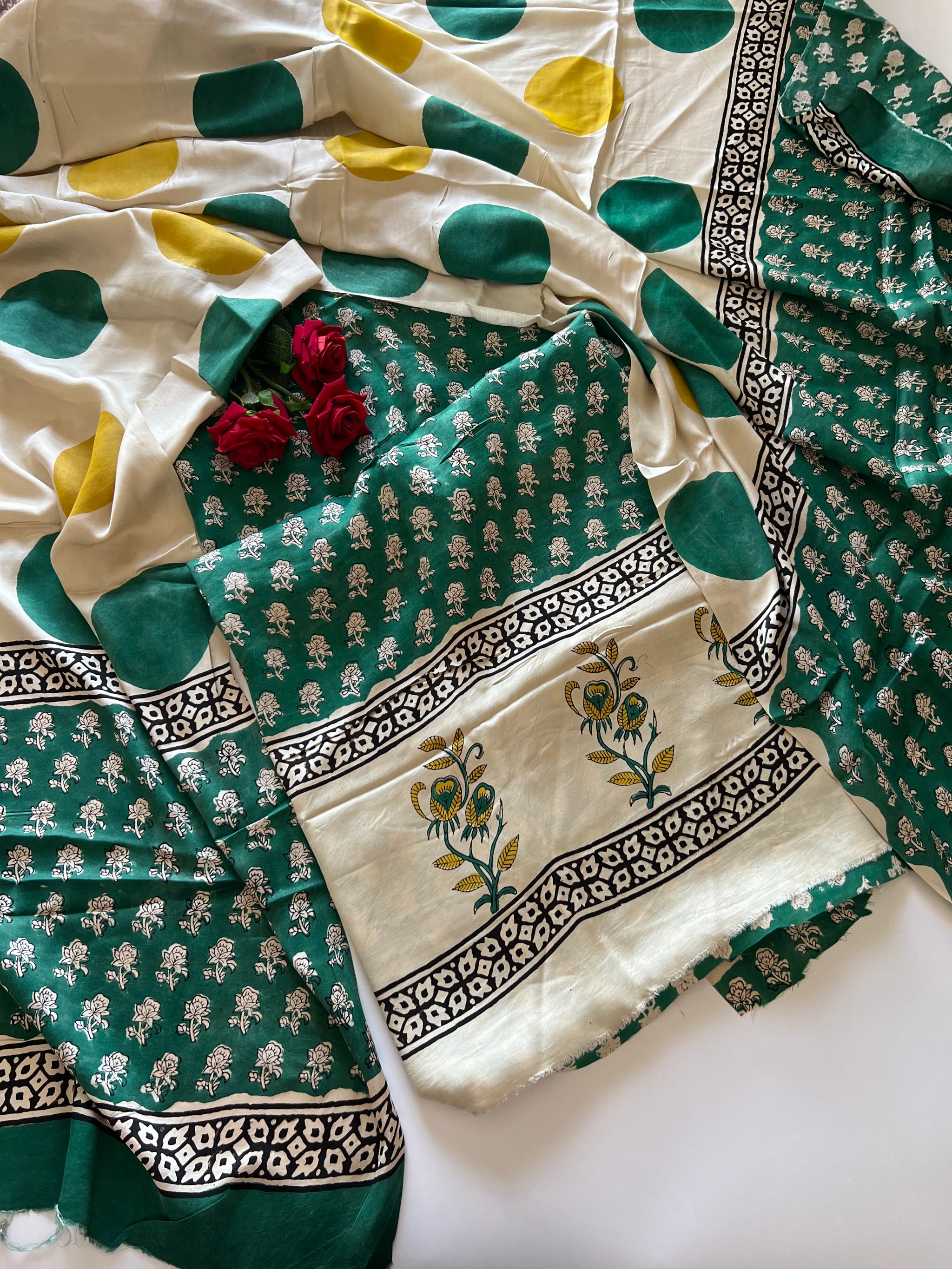 Green Original Handblock Ajrakh print on Modal fabric Unstitched suit set