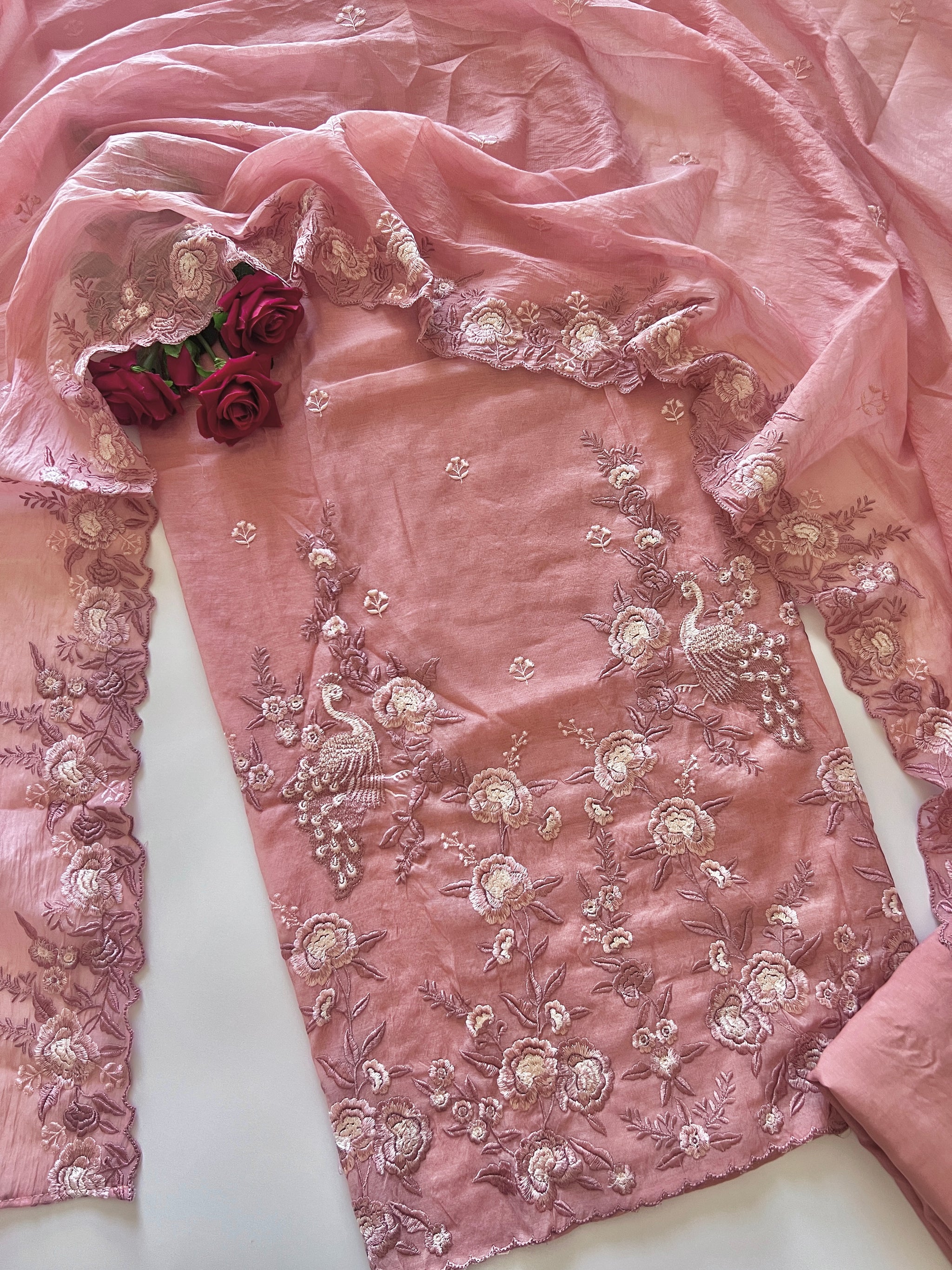 Pinkish Mul Chanderi Thread embroidered Unstitched Suit