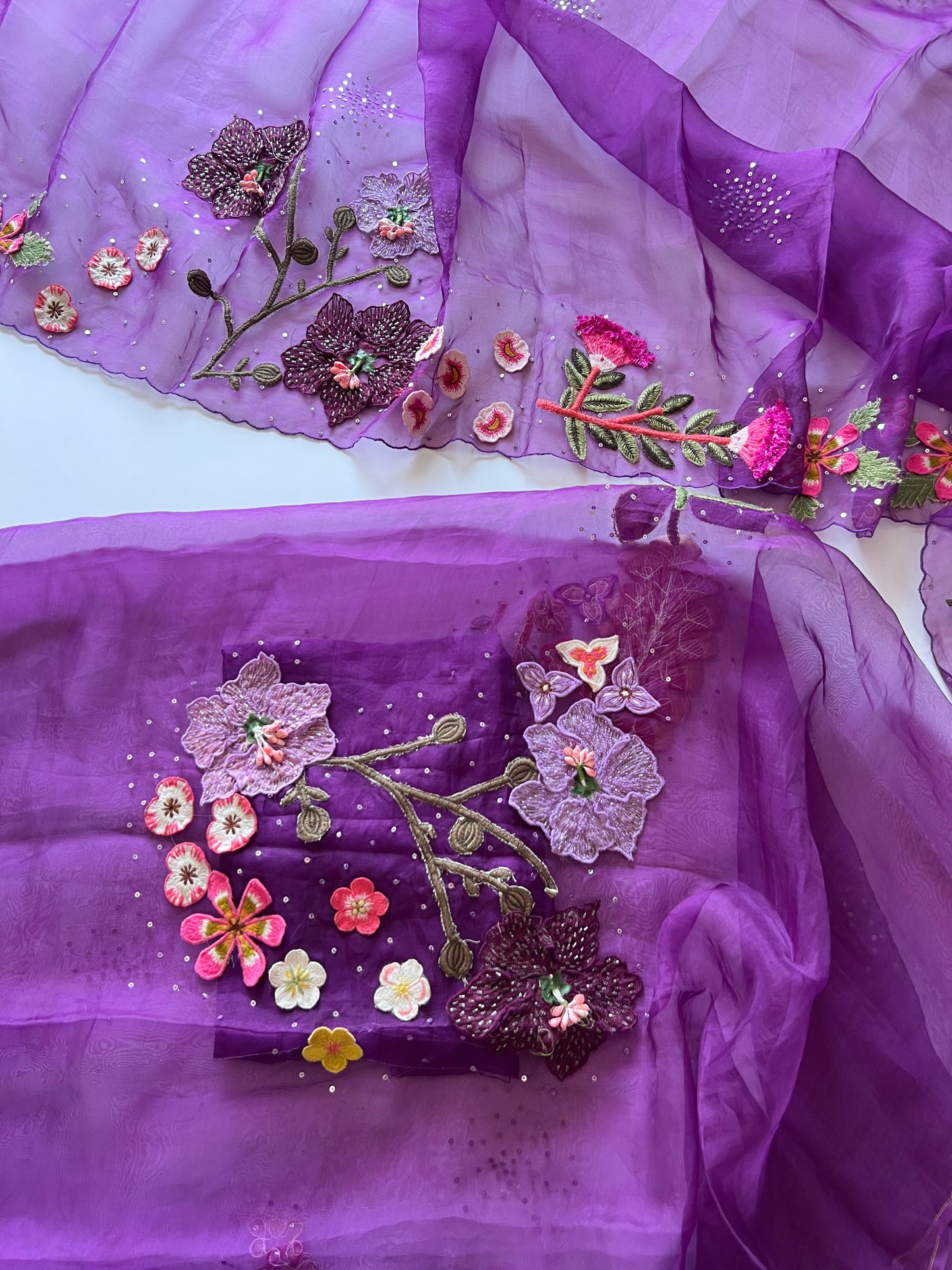 Fairy tale Embroidery on Organza premium unstitched dress material with 3D floral work