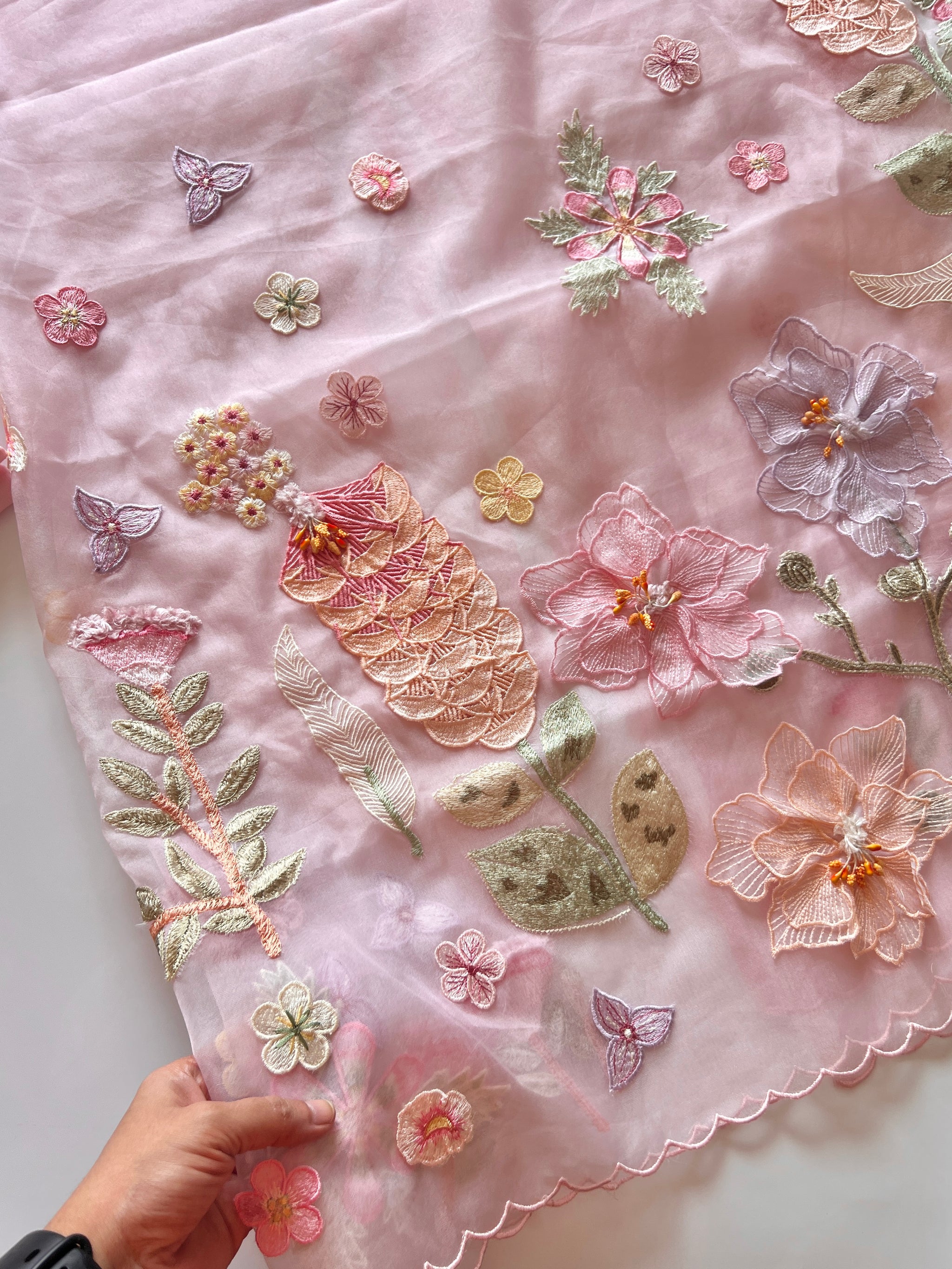 Pink 3D Embroidery on semi Organza premium unstitched dress material with floral work