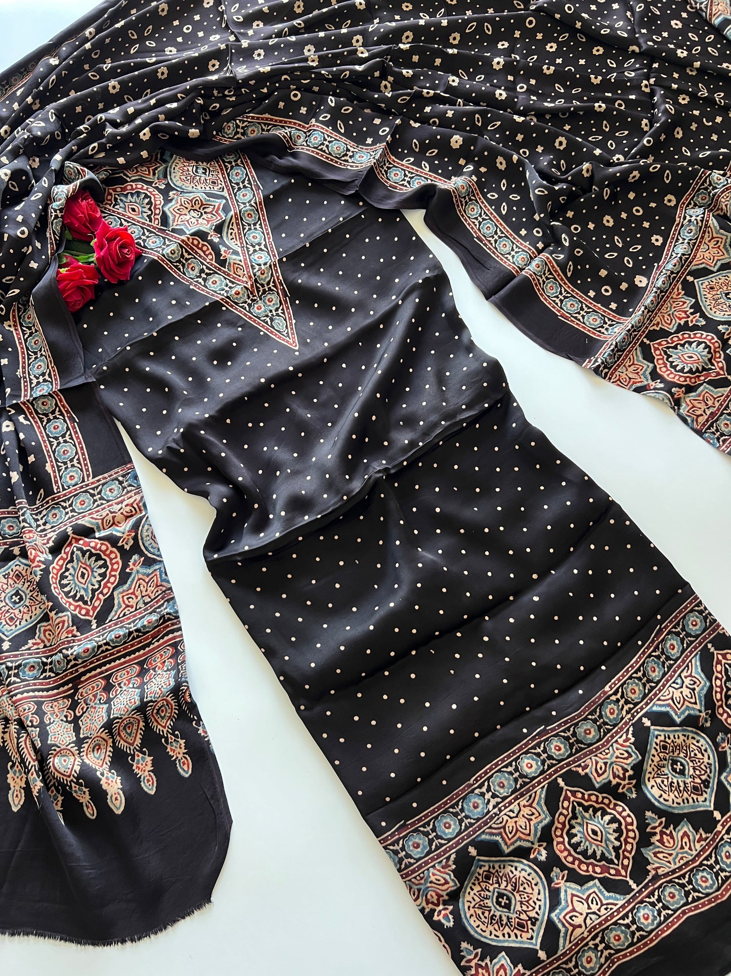 Black Original Handblock Ajrakh print 2 pc fabric Unstitched suit set