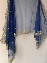 Navy Blue net soft dupatta with golden scallop border embroidery