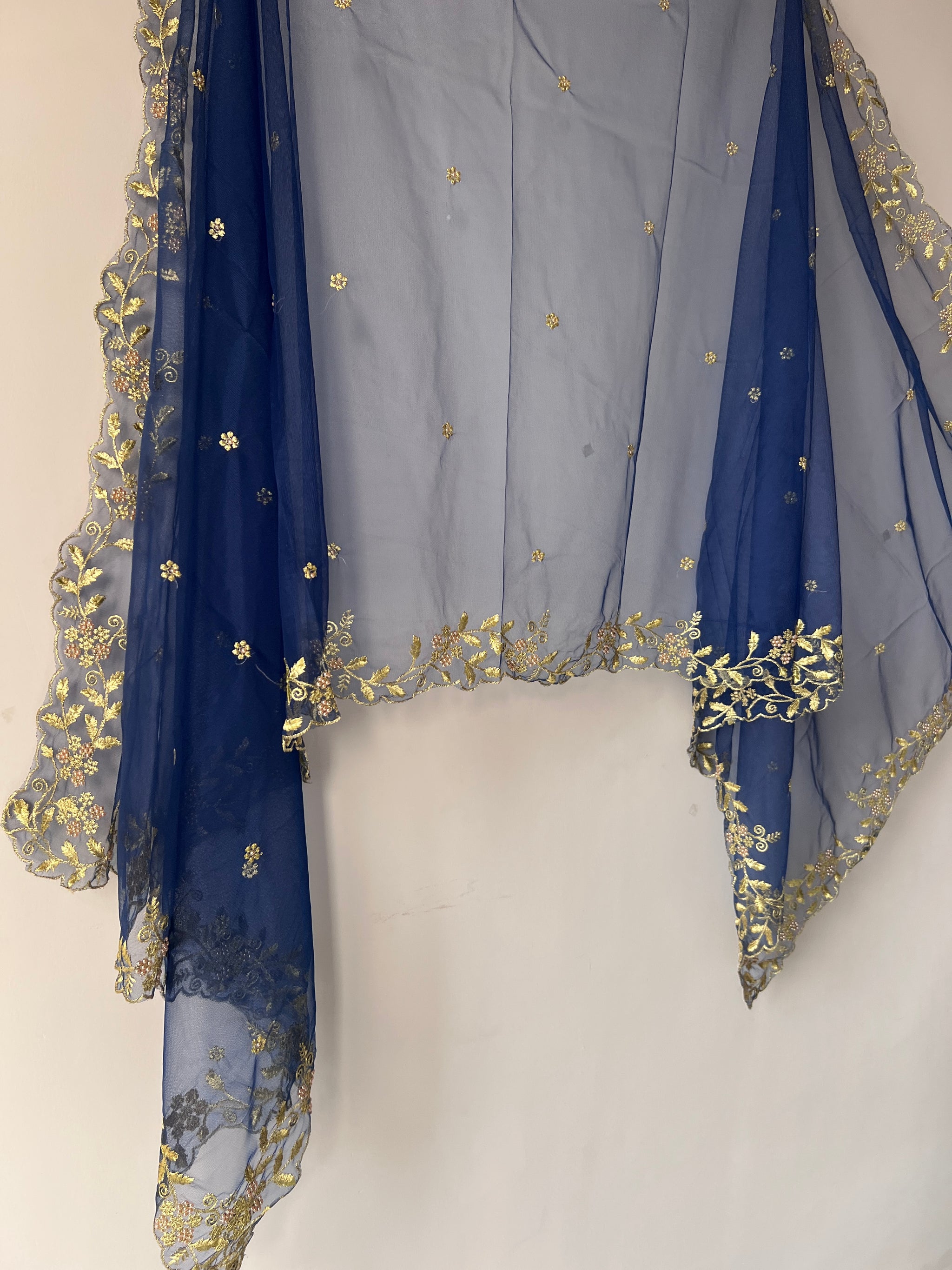 Navy Blue net soft dupatta with golden scallop border embroidery