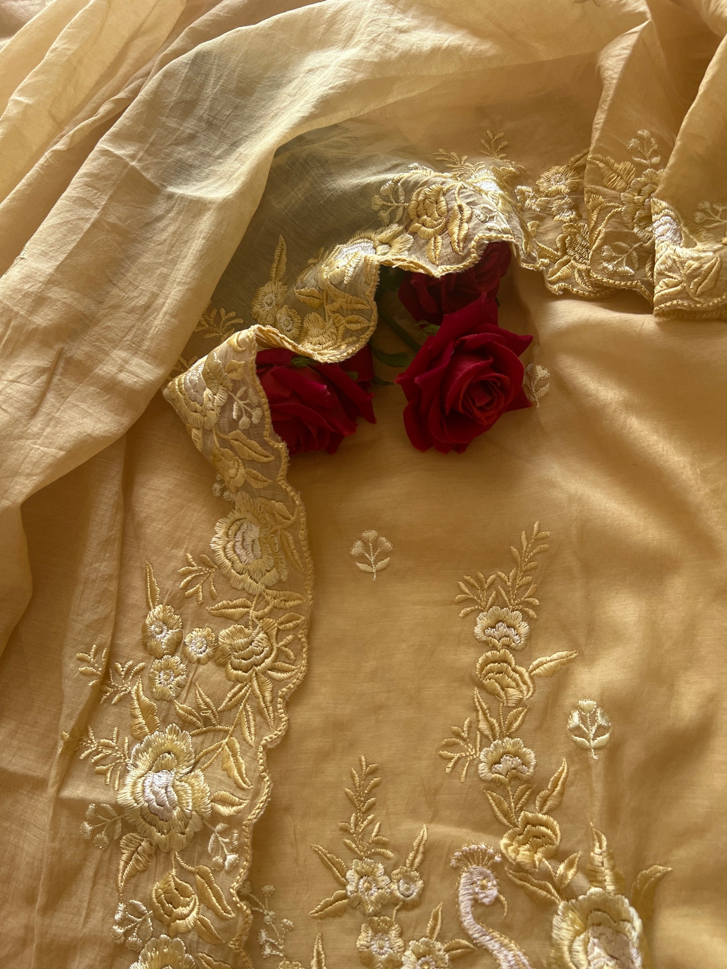 Yellow Mul Chanderi Thread embroidered Unstitched Suit