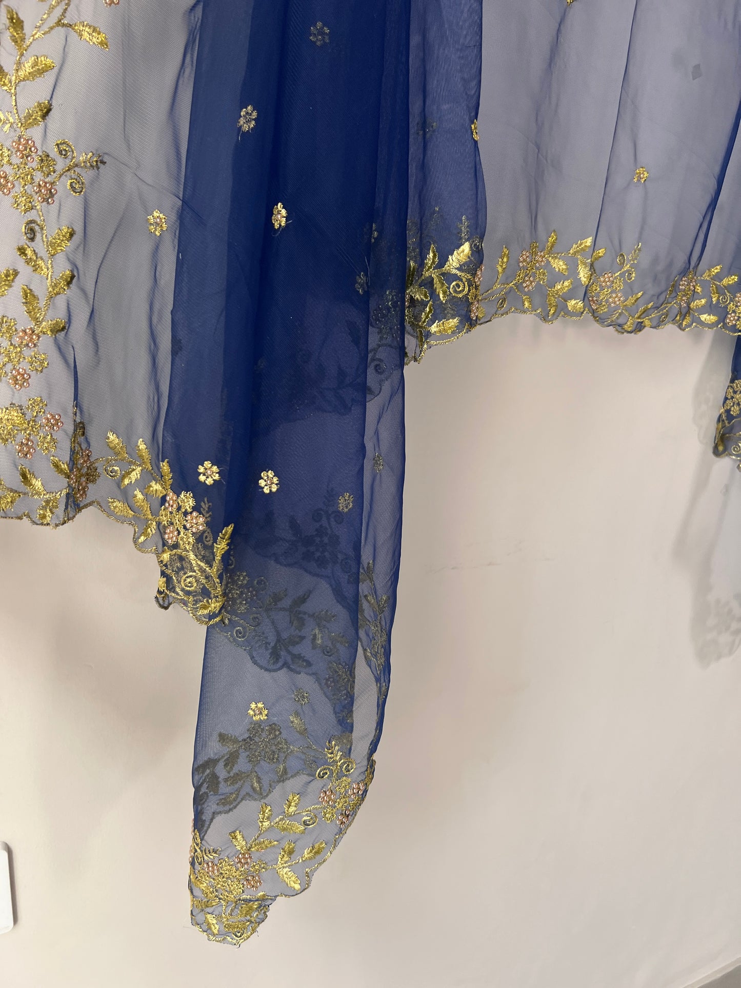 Navy Blue net soft dupatta with golden scallop border embroidery