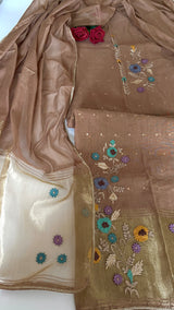 Brown Floral Embroidery tissue Jamdani Dress material