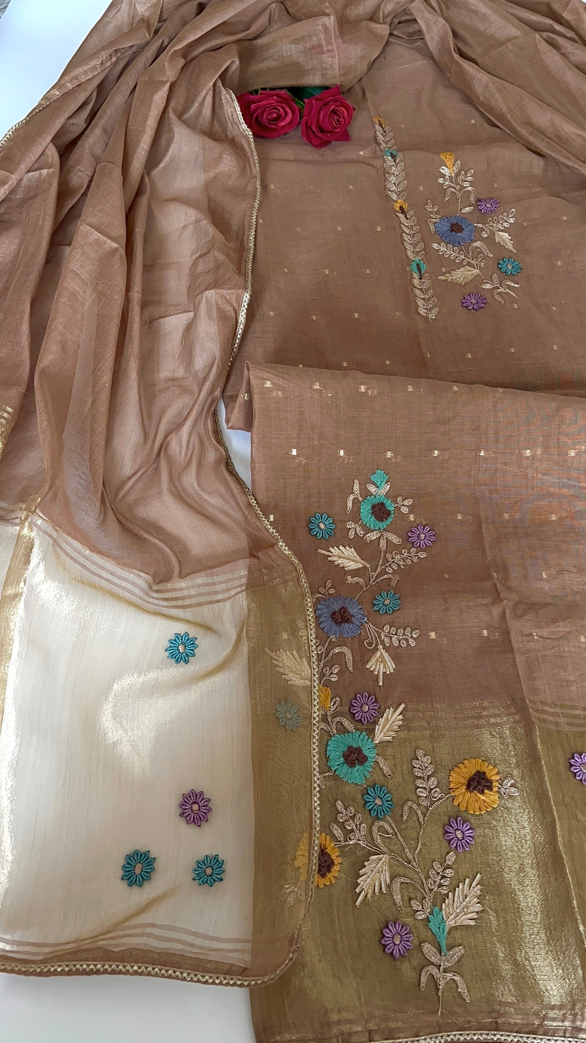Brown Floral Embroidery tissue Jamdani Dress material