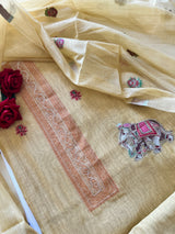 Yellow Cotton Jamdani work dress material unstitched Suit set