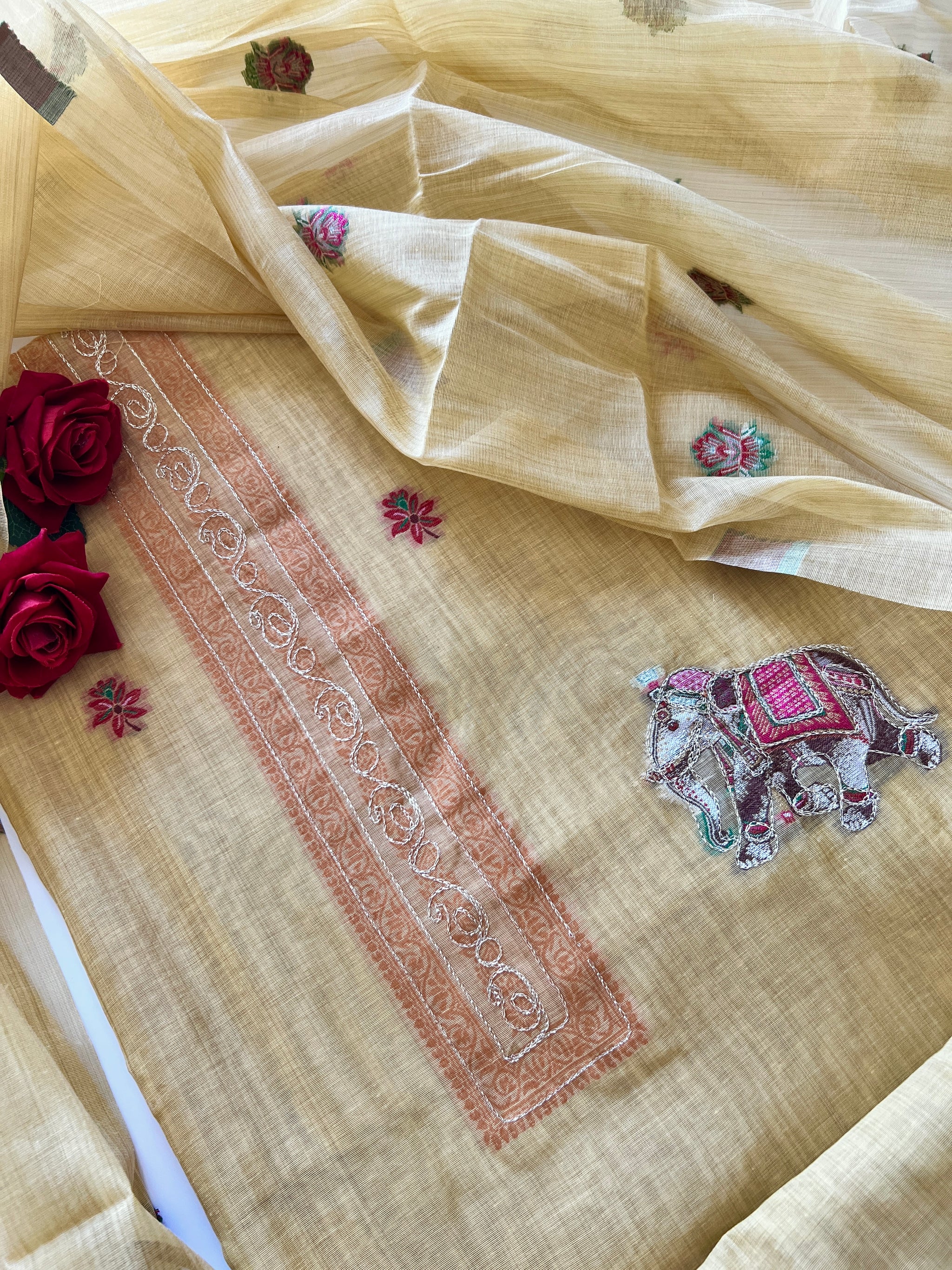 Yellow Cotton Jamdani work dress material unstitched Suit set