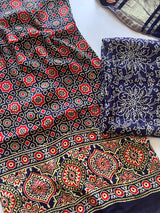Blue Ajrakh Handblock print 3 pc fabric Unstitched suit set