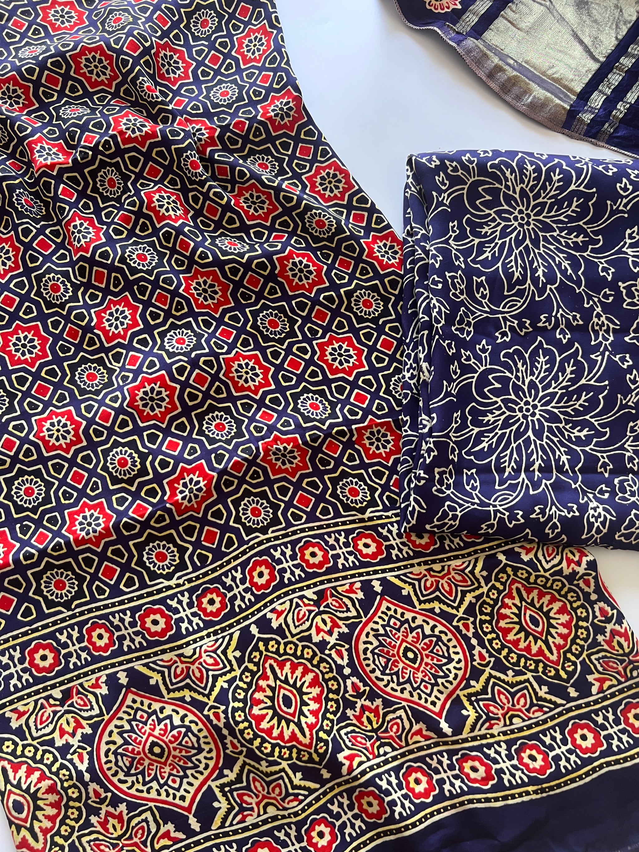 Blue Ajrakh Handblock print 3 pc fabric Unstitched suit set
