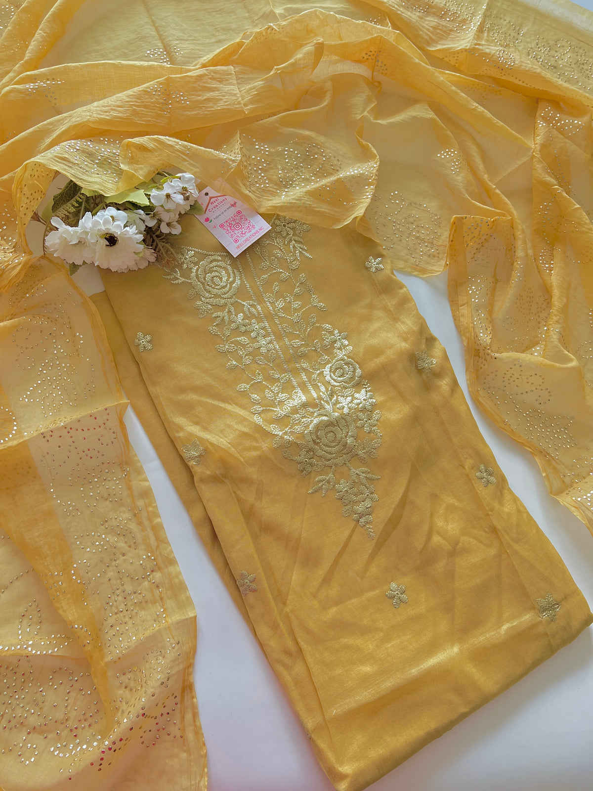 Pastel Yellow Mul Chanderi dress material with pitta and mukaish work dupatta