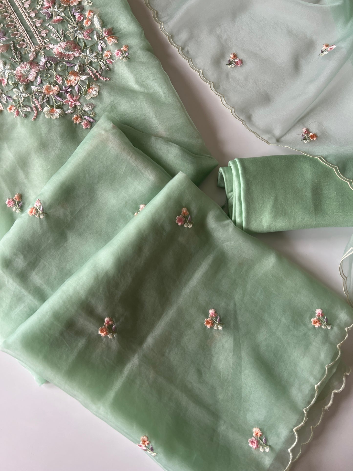 Green thread Embroidery unstitched suit