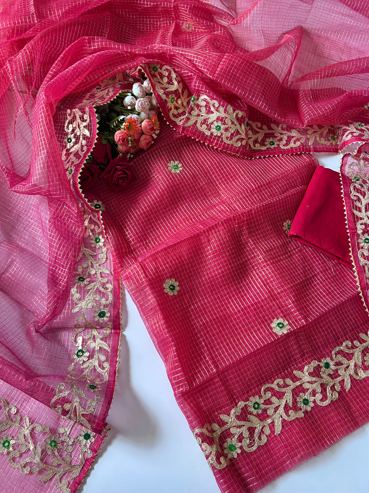 Red Kotta with kotta embroidered kurta dupatta set Unstitched