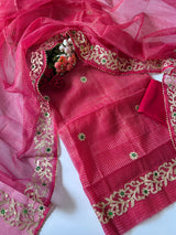 Red Kotta with kotta embroidered kurta dupatta set Unstitched