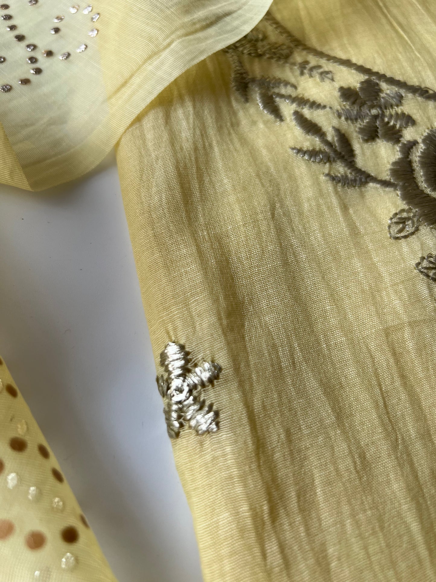 Pastel Yellow Mul Chanderi dress material with pitta and mukaish work